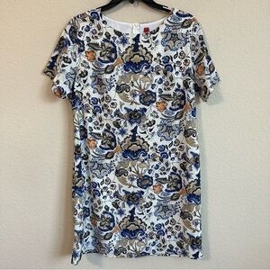 Gi Biu Dress Floral Paisley Short Sleeve White Blue Taupe Classic